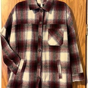 Zenana Outfitters Burgundy Cream Plaid Button-Down Shirt Jacket